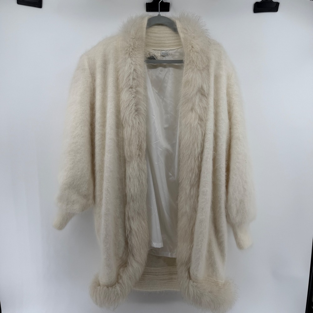 Vintage Cache Cream Angora Blend Faux Fur Trim Lined Cardigan Sweater OSFM